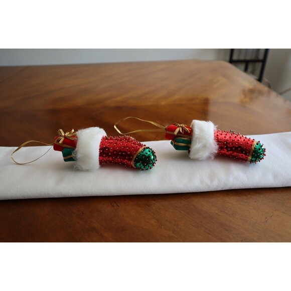 Vtg Lot of 2 Handmade Sequin Beaded Boot Stocking Christmas Ornaments Sulyn - Picture 9 of 12